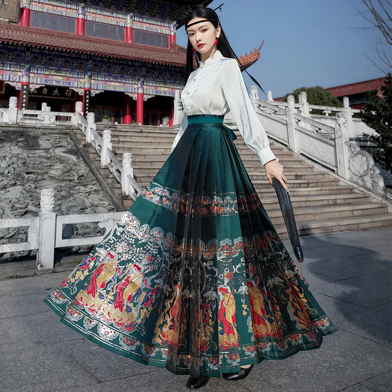 Dames Geplooide Rok Dames Elegant Paard Gezicht Rok Chinese Traditionele Jurk Geborduurde Rok Dagelijks Paard Gezicht Pony Rok