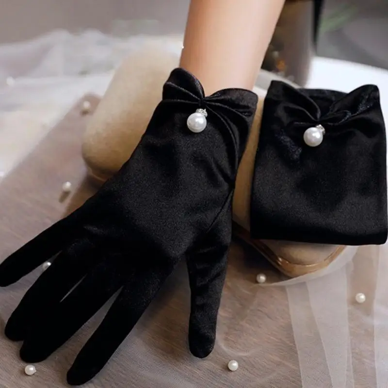 

A52E 2pack Fashionable Satins Gloves Beads Dress Exquisites Gloves Comfortable Gloves for Bride and Wedding Guests