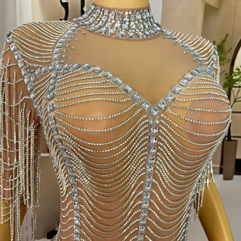 Brillant strass gland haut de gamme argent tempérament nu célébrité anniversaire robe de luxe société réunion annuelle robe de soirée
