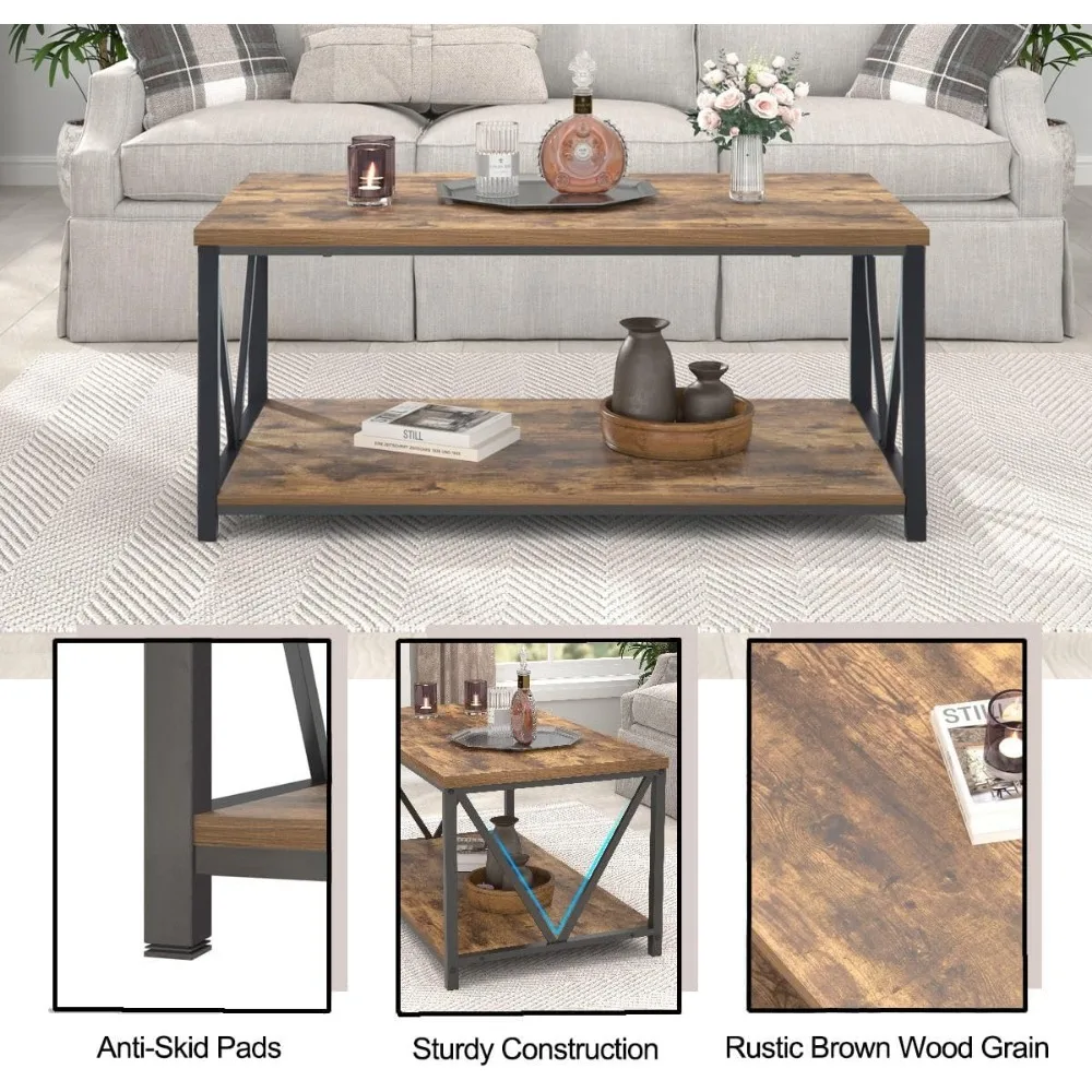 Rustic Brown Industrial Metal and Wood Coffee Table with Storage Shelf for Living Room