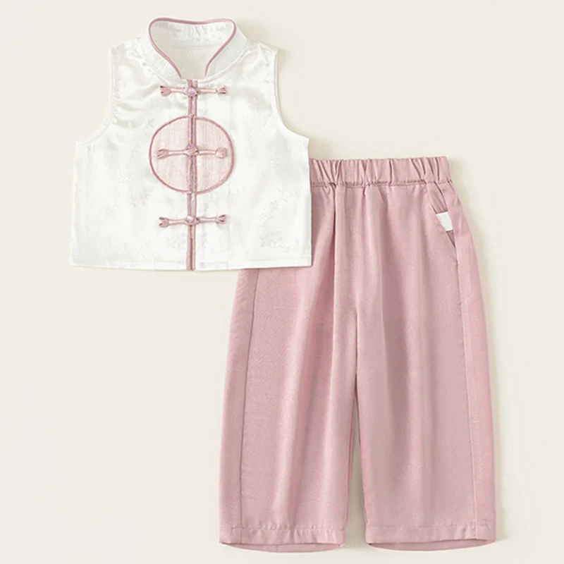 

Summer Girls Boutique Clothes Chinese Style Fashion Sleeveless Mesh Baby Tops+Loose Pants Children's Sets Kids Costume BC2133