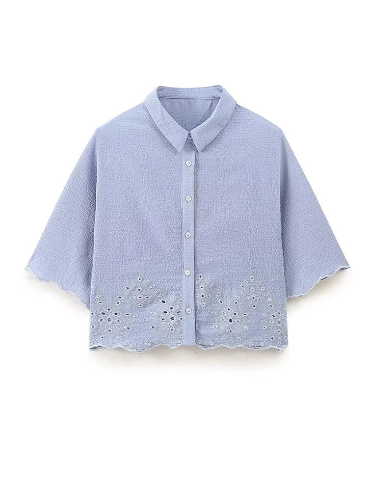 

Summer Elegant Embroidery Hollow Out Crop Shirts Women Short Sleeve Single Breasted Tops Blue Blouses