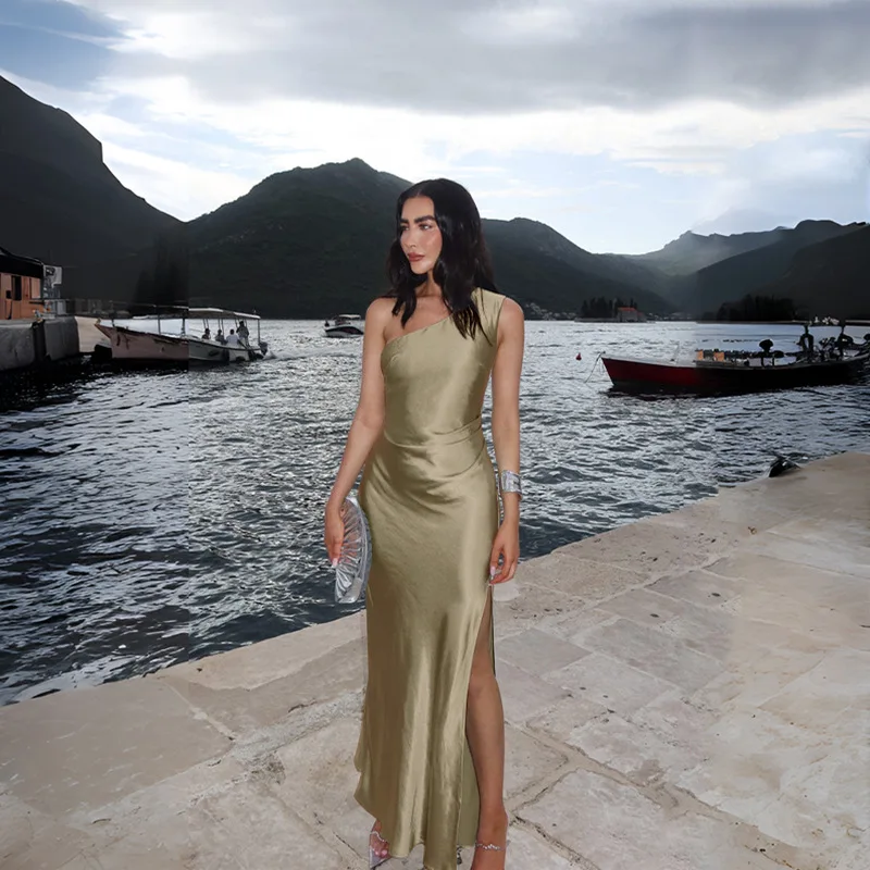 2026 Damen Sommer Sexy Party Einfarbiges Ärmelloses Rückenfreies Langes Kleid mit Hohem Schlitz Satin Maxi-Abendkleid für Hochzeitsgäste Cocktail-Events – Detail 39