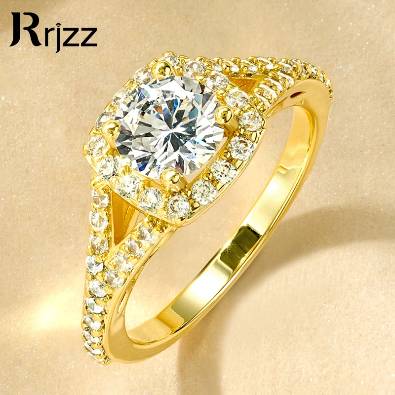 Rrjzz Classic Trendy 1CT CZ Simulated Diamond Engagement Rings Elegant 14k Gold Plated Women Ring Wedding Anniversary Jewellery