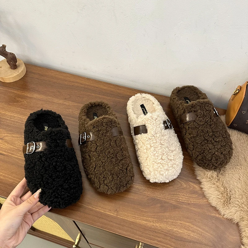 Furry Lambswool Slippers Woman Cover Toe Mules Shoes Winter Slip on Sliders House Pantuflas Mujer Curly Wool Fur Loafers