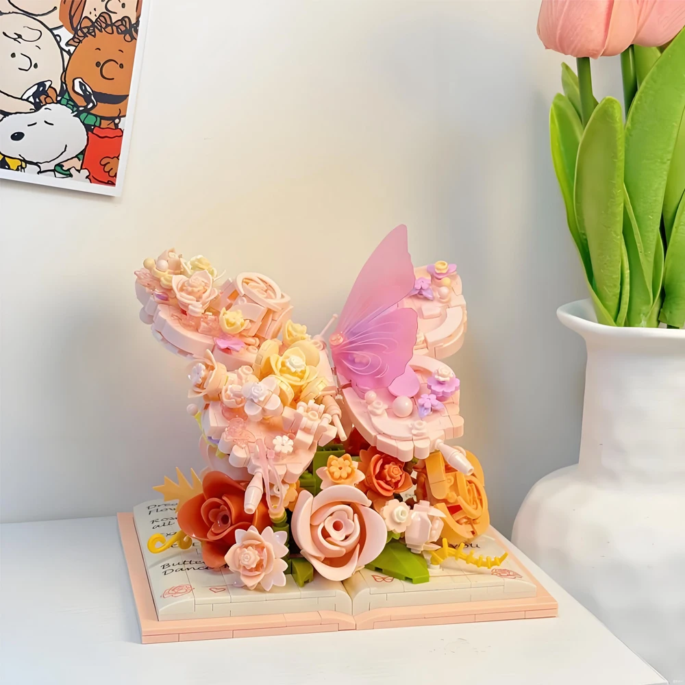 Flower Butterfly Building Blocks 3D Book Model Romantic Rose Bouquet Mini Particle Building Block DIY Toy for Girl Birthday Gift