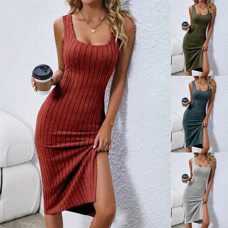 2024 Fashion Women's Solid Color Casual Pit Strip Split Jumpsuit Medium Long Dress Summer