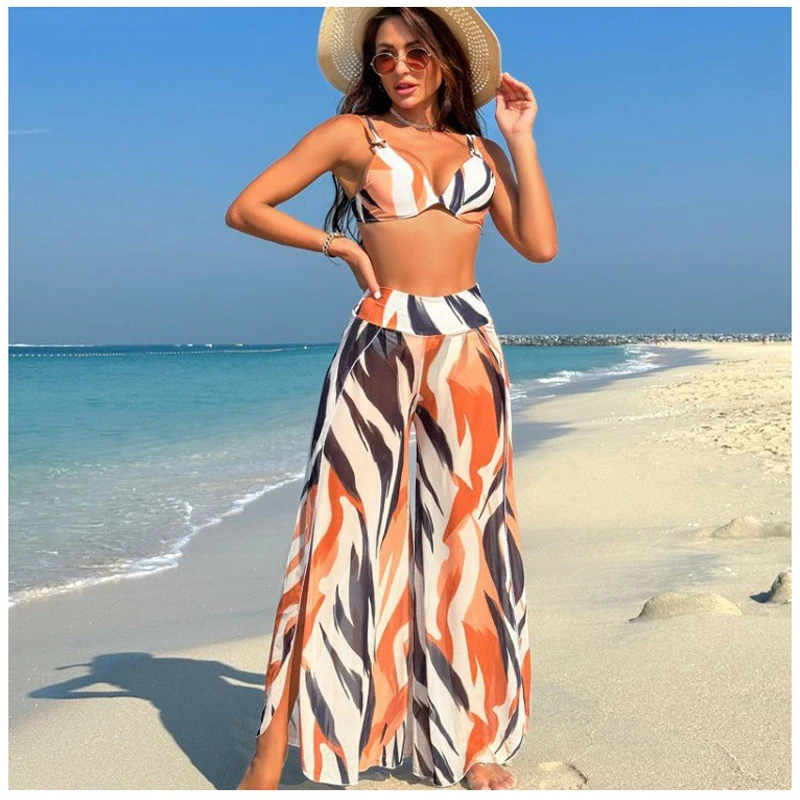 Para Praia 14 Colors Three Pieces Swimsuit with Ruffle Pants Mesh Swimwear 2025 Women Bikini Female Sexy Bathing Suit for Women