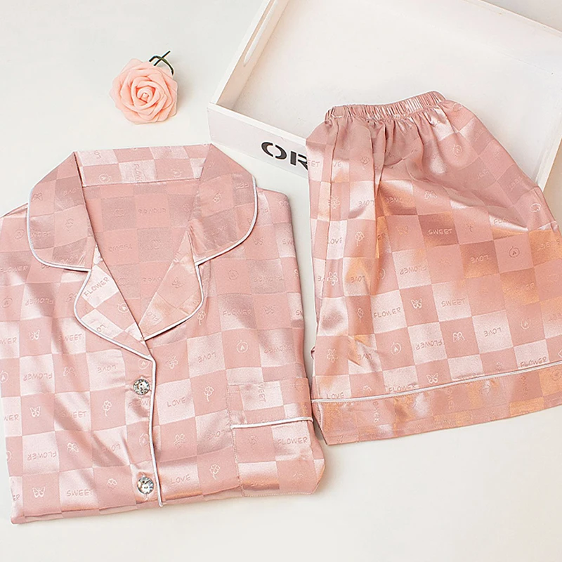 2023 New Lapel Button Cardigan 2 Piece Outfit Set Women Ice Silk Soft Sleeping Wear for Women Pink Lattice Pajamas for Girls