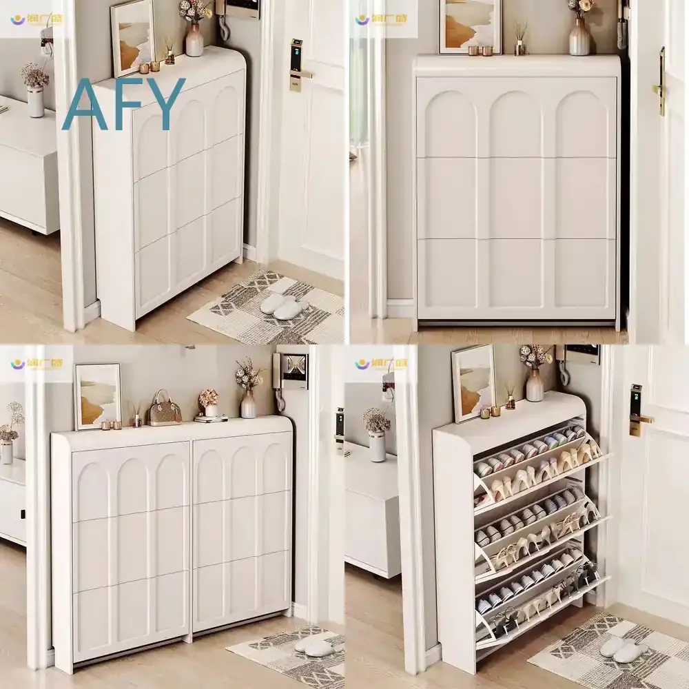Ultra-Thin Cream-Colored Tipping Shoe Cabinet for Home Entryway Hallway Storage Organizer with Large Capacity Simple Design