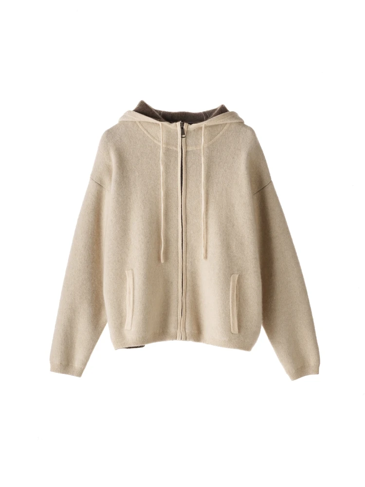 

Women's Color Match Zipper Hooded Cardigan 100% Cashmere Knitted High Quality Autumn Winter Thick Female Grace Soft Casual Coat