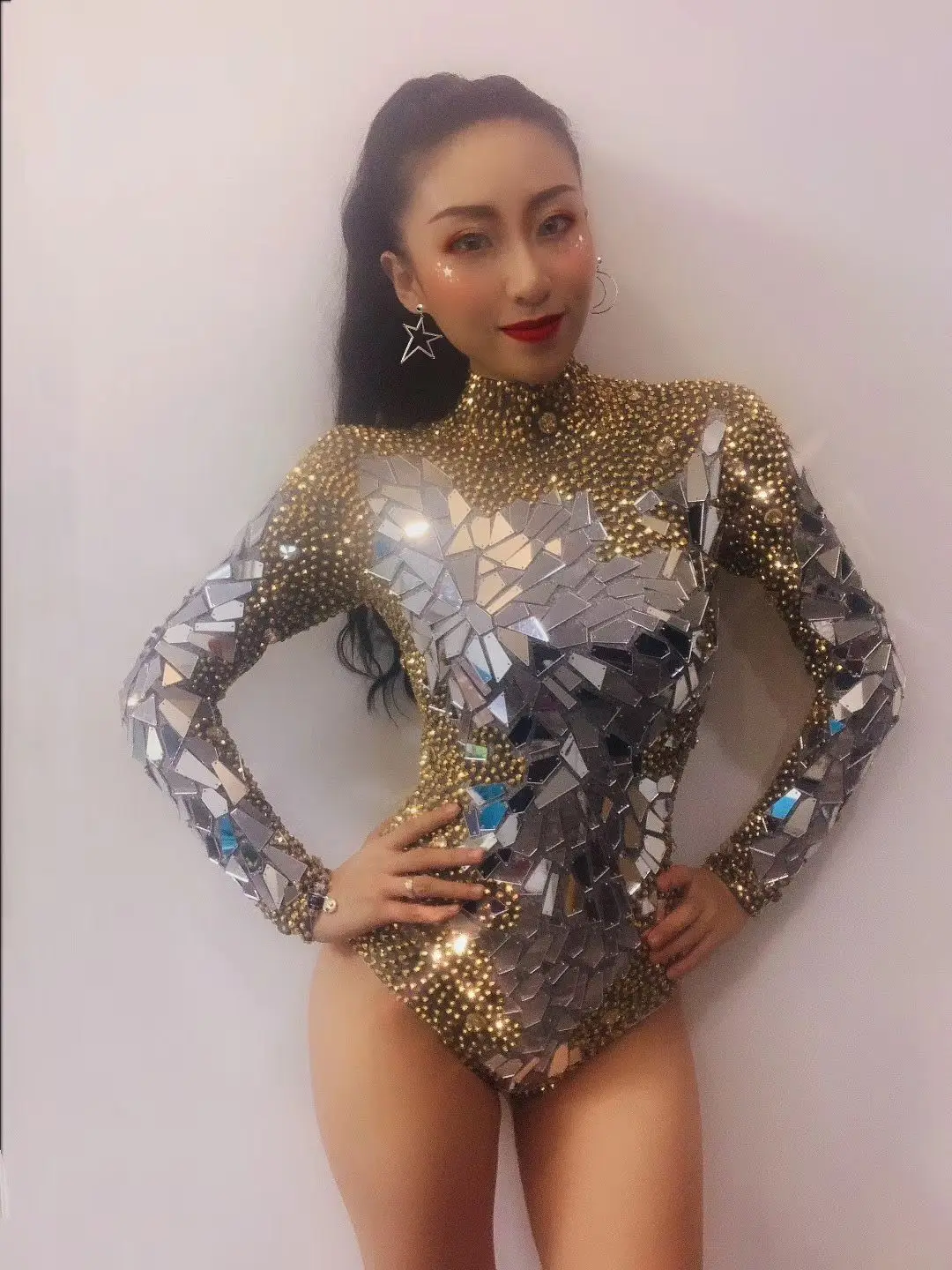 Silver Rhinestones Mirrors Leotard Women\'s Birthday Party Outfit Dance Costume DS Bar Show Bodysuit Performance Costume