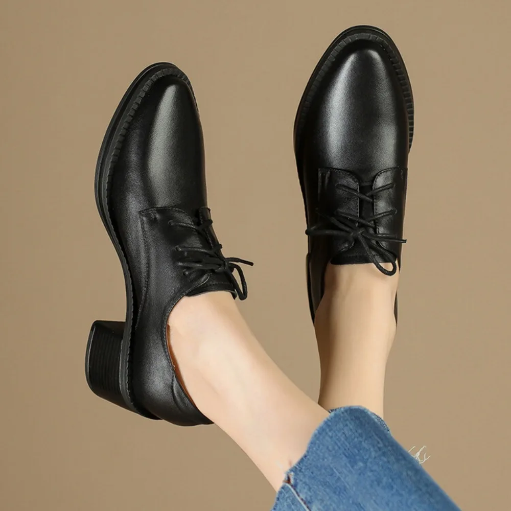 Women's Pumps Brogue Shoe Vintage Chunky Heel Pointed Toe Oxford Shoes Woman Lace Up Female Fashion Elegant Ladies Bare Boots image 6