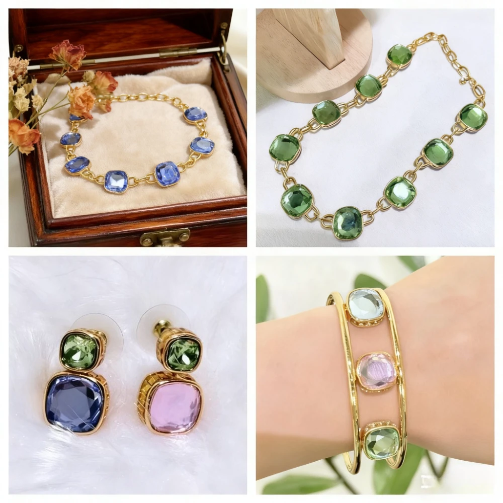 

2025 trendy accessories New - trend Anniversary Jewelry Set, Blue - green Crystal, Women's Fashion Gift
