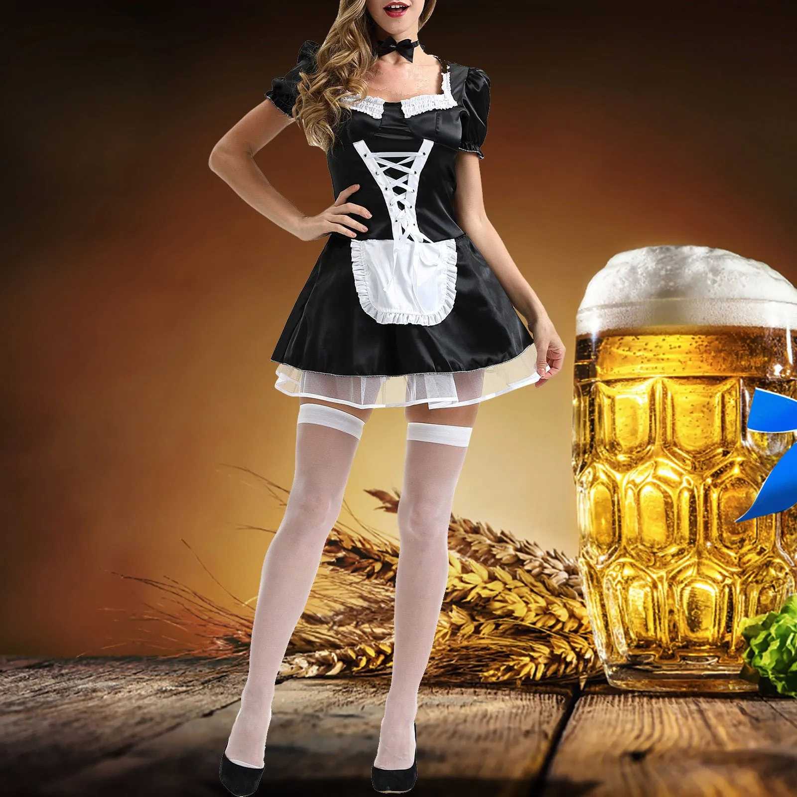 Halloween Oktoberfest Costume Cosplay Plus Size Sexy Adult Women's Low-Cut Neckline Dress up French Maid Uniform Servant Cosplay