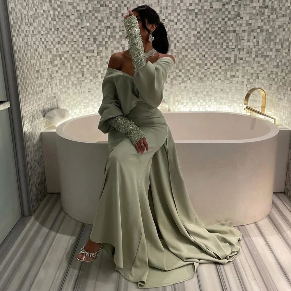 

Dream Off the Shoulder Long Sleeve Evening Dress Classic V-Neck Mermaid Floor Length Jersey Customized Women Party Gowns