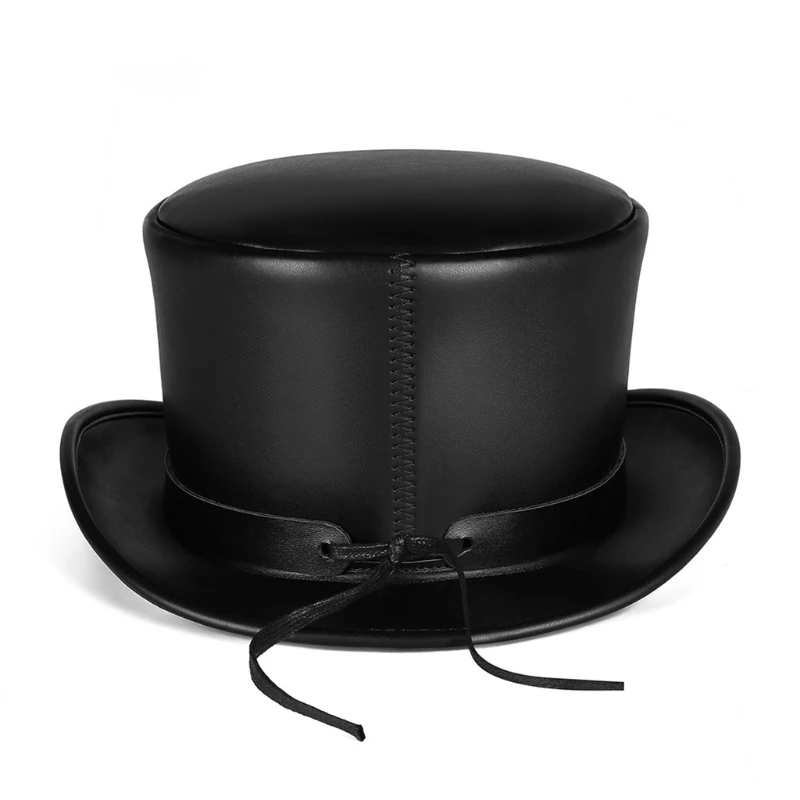 PU Leather Gentleman Hat Hat Punk for Halloween Party Stage Costume Cosplay Retro Round TopTopper Hat Accessories