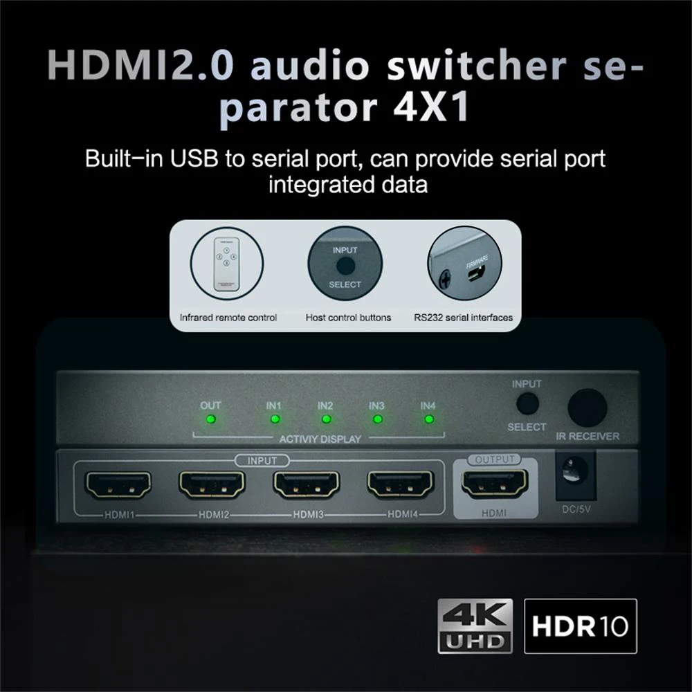 

4K 60Hz HDR RS232 4 in 1 out HDMI Switcher with 3.5MM +SPDIF Audio Separation extractor 4x1 hdmi 2.0 Converter automatic switch