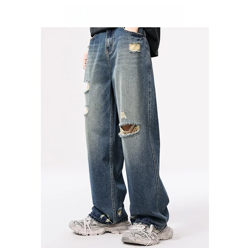 

Мужские джинсы GEM DENG в американском ретро-стиле, синие, широкие, повседневные, с большими рваными элементами, прямого кроя, для молодежи, на каждый день, длинные брюки