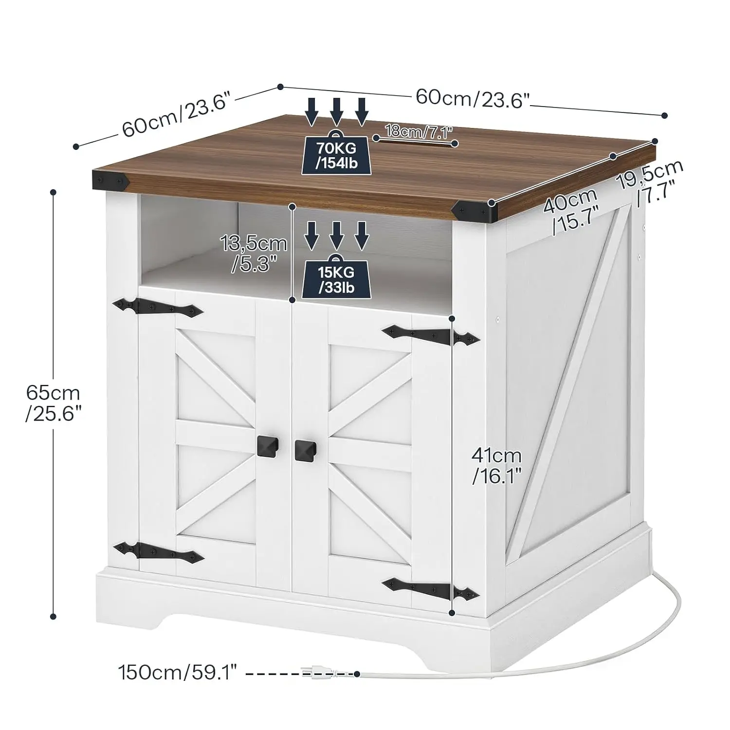 Farmhouse End Table With Charging Station, Large Bedside Nightstand, Customized