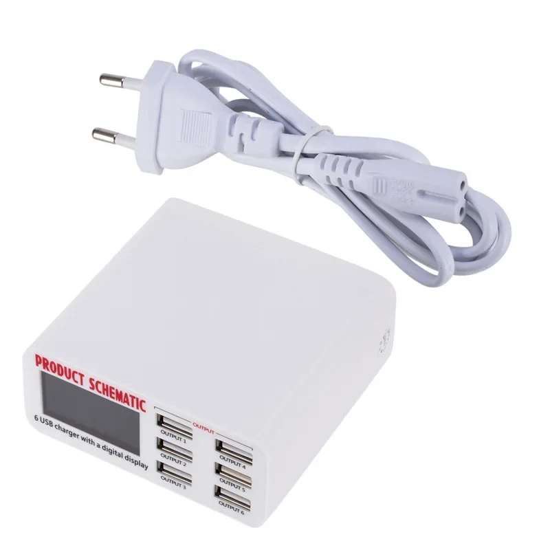 

6-портовое USB-умное цифровое универсальное зарядное устройство с автоматической идентификацией, зарядное устройство для мобильного телефона с независимым ЖК-дисплеем