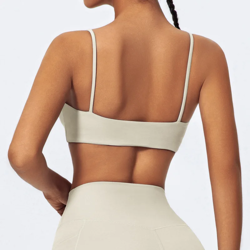 Women Thin Strap Square Neck Sports Bra Built-in Pads Quick Dry Beauty Back Yoga Top Fitness Running Pilates Workout Crop Top