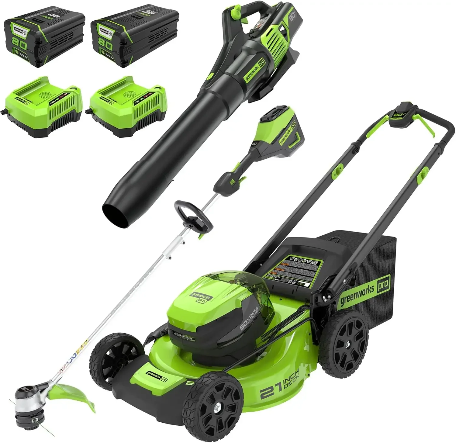 

80V 21" Cordless Battery Push Lawn Mower,16" Cordless Battery String Trimmer & 730 CFM Leaf Blower,Combo Kit w/ (1)