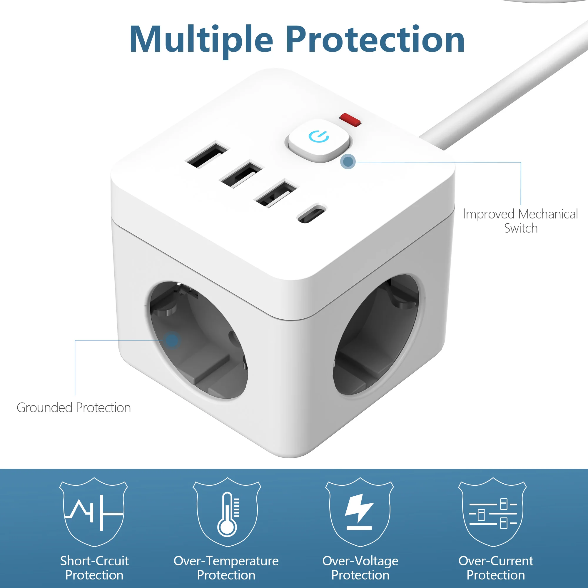 7-in-1 EU Power Strip, Power Strip Surge Protector, 3 AC Outlets 3 USB 1 Type-C, Desktop Charging Station With Overload Protecti