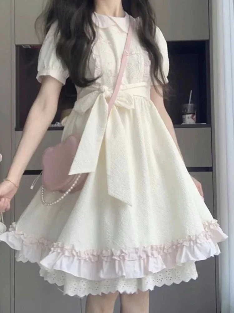 

Sweet Lovely Bow Apricot Dress Set Women Fashion New Lace Puff Sleeve Dresses Vintage Chic Pink Knit Cardigan 2025 Spring hot