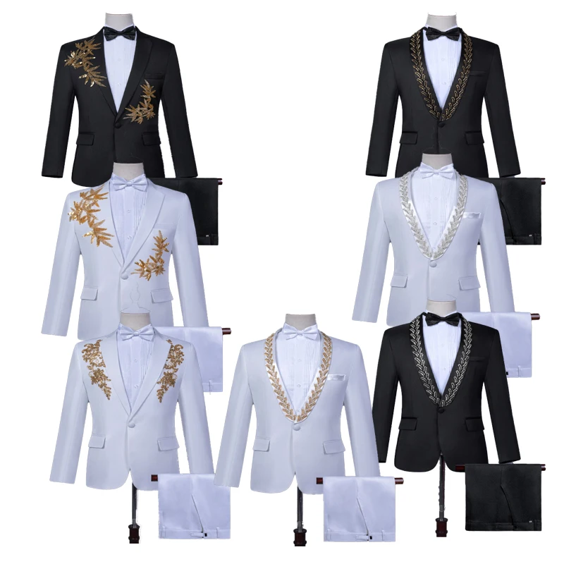

2026 New Sequin Decal Beaded Suit for Men, White Gold/silver Flower/Bamboo Art Exam/chorus/Host Singer Blazer+pants 2-piece Set
