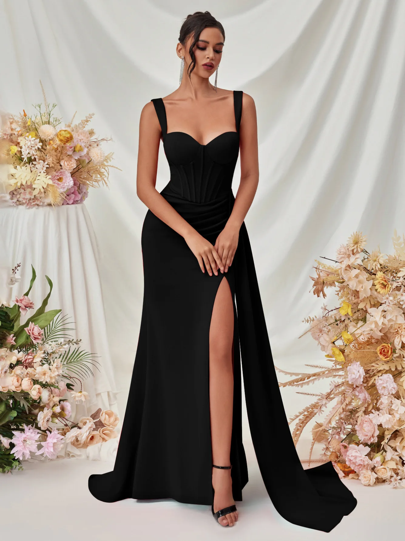 Nowa Elegancka Sukienka Maxi na Wesele dla Kobiet Wieczorowa Sukienka na Bal Formalna Sukienka Koktajlowa na Ramiączkach typu Spaghetti Dekolt w Serek Odzież Galowa Hot