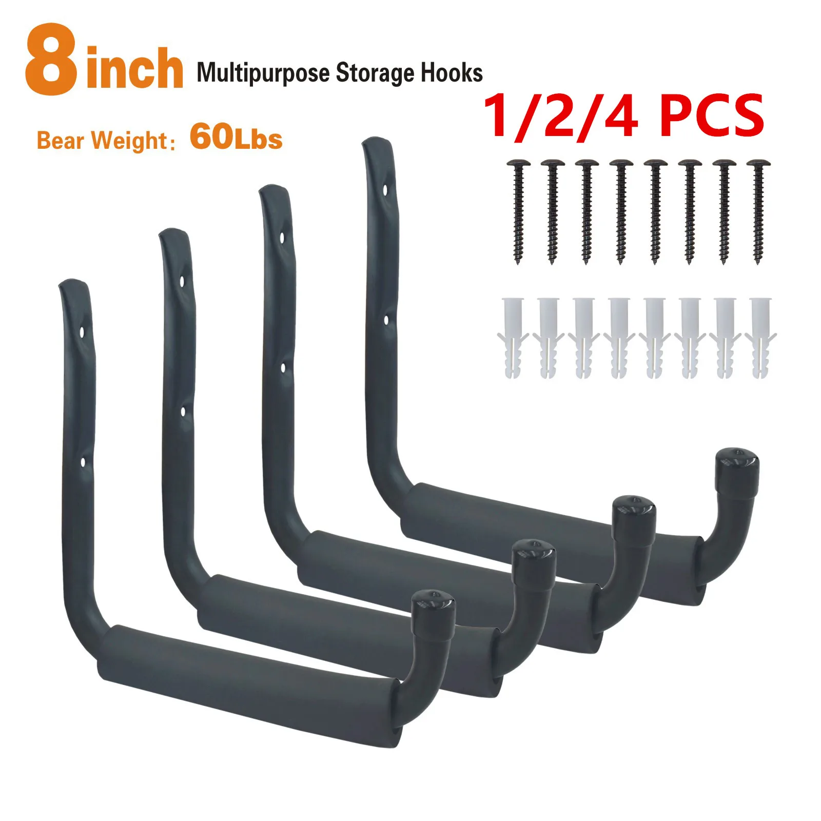 1/2/4 Pack 8 Inch Heavy Duty Wall Hooks, 60LBS Multipurpose Garage Storage Hangers for Tools, Bikes & Ladders