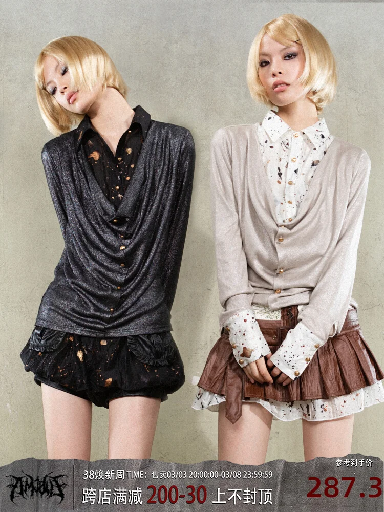 

ARIADNAw Original Design Punk Y2k Rock Vneck Top Faux Two Pieces Subculture Turn-down Collar Long Sleeve Blouse Cool Shirt Women
