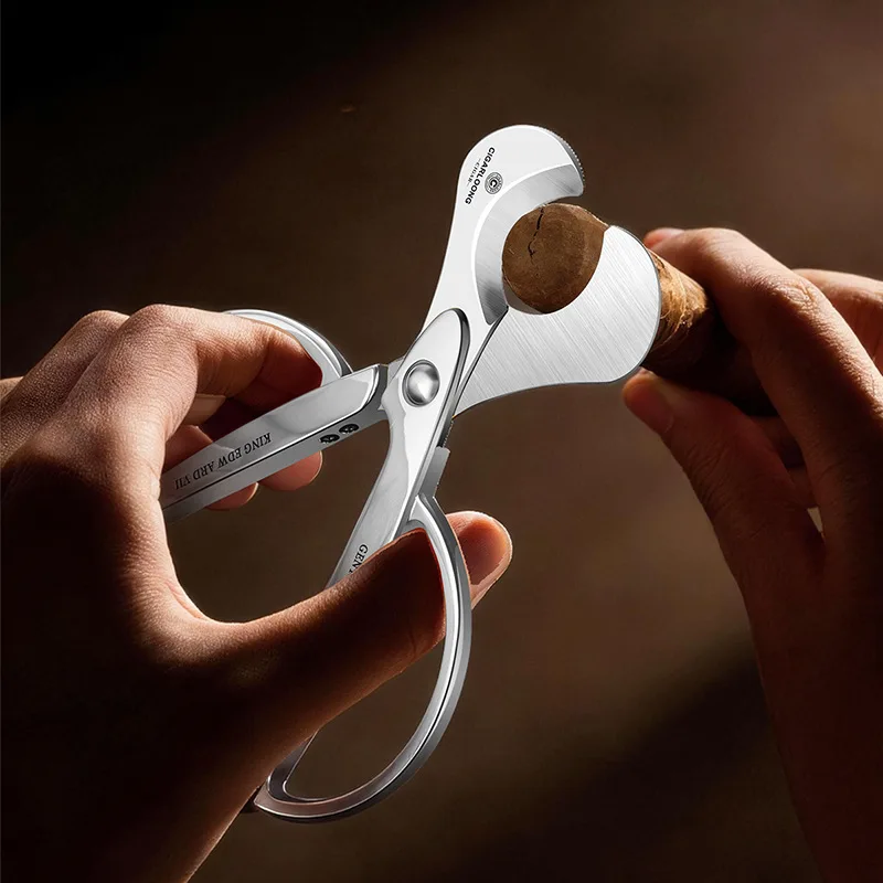 Luxury Stainless Steel Double Blade Cigar Cutter, Portable Long Handle Cigar Scissors, Sharp Smooth Cut for Premium Cigars