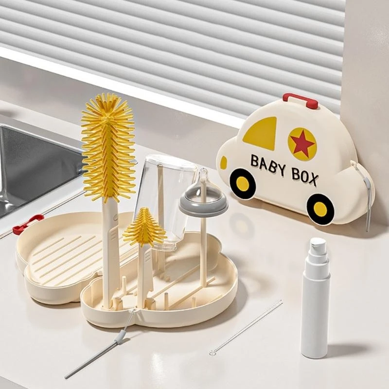

J15U Baby Bottle Cleaning Tool Baby Bottle Cleaner Brush Set with Brush Soap Dispenser Drying Rack for Home and Travel