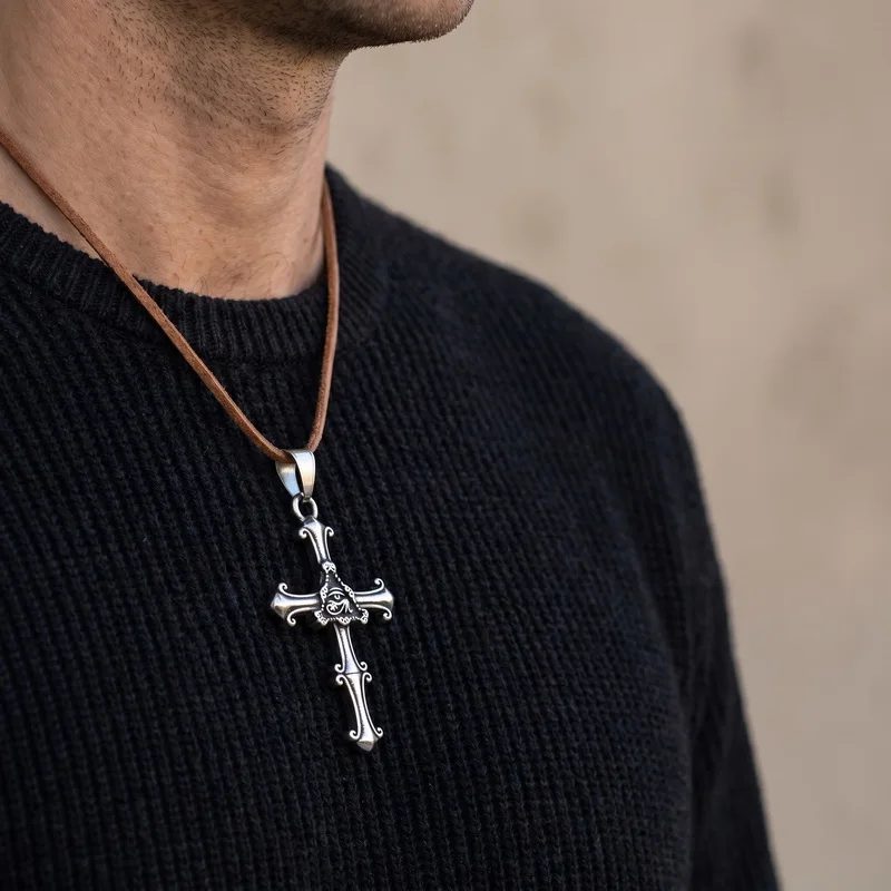 KALEN Vintage Engraved Jesus Cross Stainless Steel Pendant Necklace For Men Gothic Comic Convention Accessories Fashion Jewelry