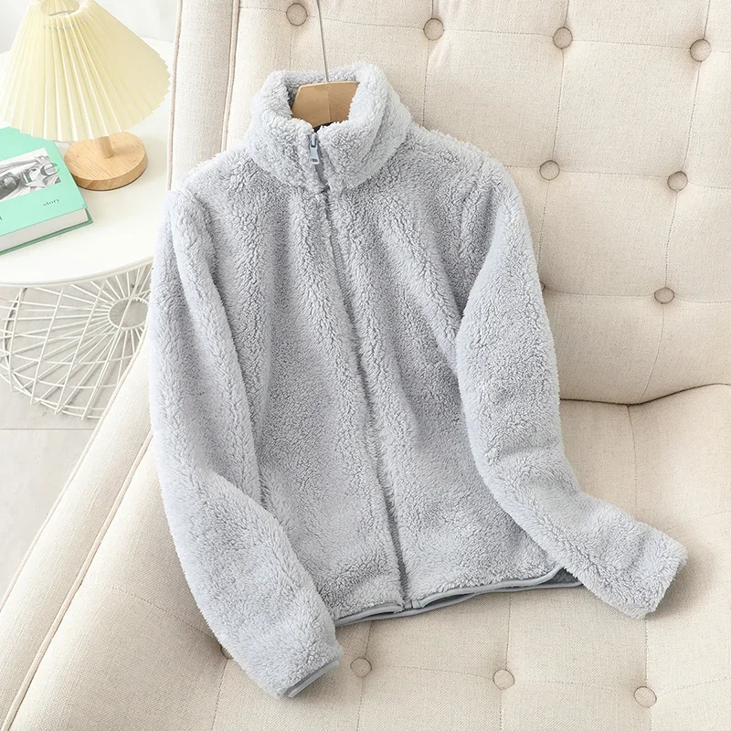 Women's Solid Color Fleece Coat Autumn Winter Warm Zipper Hoodie Loose Stand Collar Jacket Fashion C