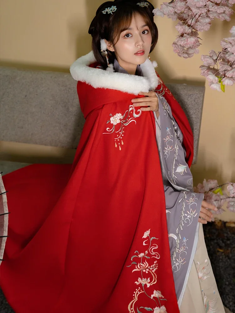 Manto Hanfu para mulheres, casaco quente de inverno, sobretudo grosso chinês, antigo cosplay tradicional com capuz, roupas femininas, azul