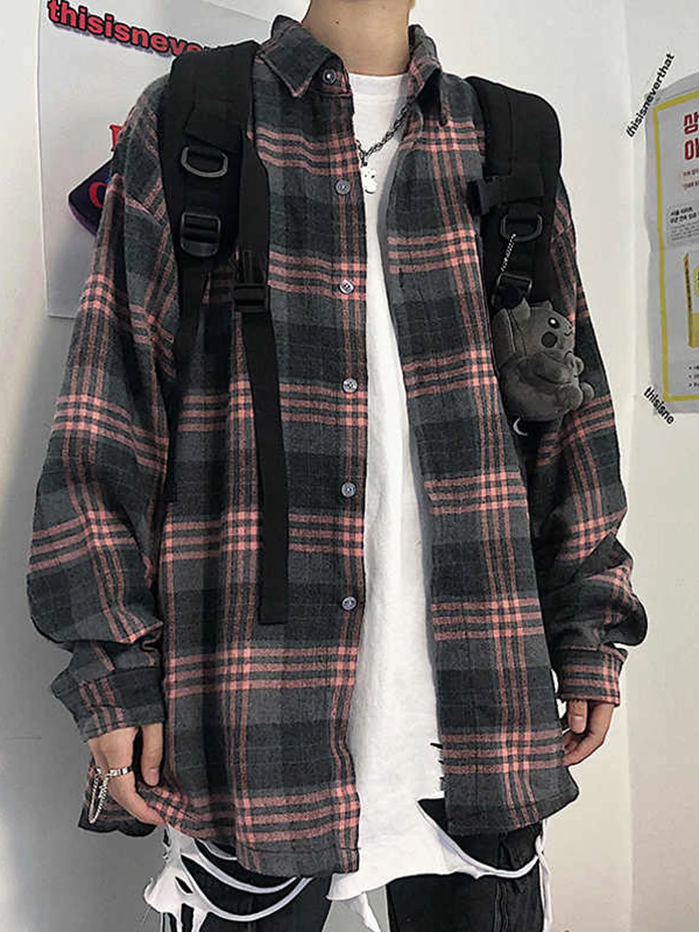 

Spring Autumn Plaid Long Sve irt Jaet Men's Casual Sle Inner Wear Layering Trendy Polyester Cotton Blend Outerwear