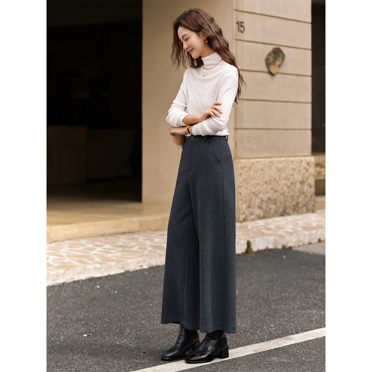 VIMLY Wide Leg Pant Women 2025 Winter Commuting Solid Ankle-Length Zipper Trousers Vintage Fashion Mid-waist Lady Bottoms A3280