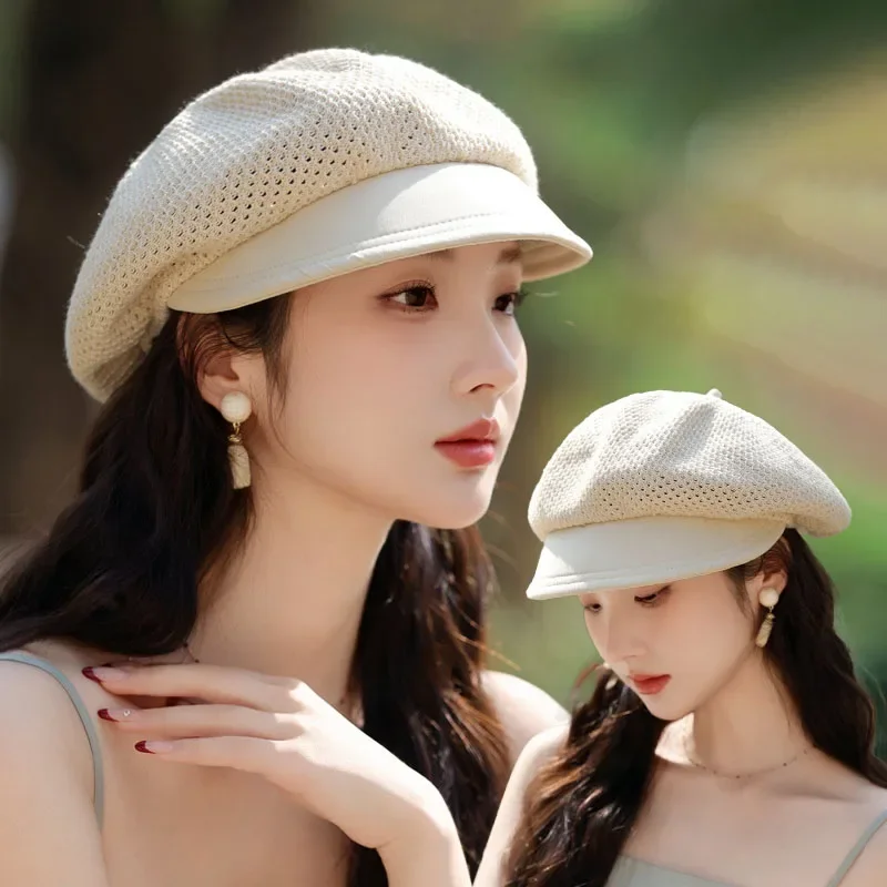 RICYGVM Summer Mesh Berets For Women Hollow Breathable Octagonal Cap Art Retro Pumpkin Hat Fashion Girls Sun Protection Visors