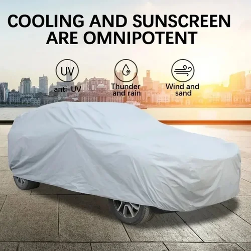 Imagen 2 del producto Cubierta de coche impermeable a prueba de polvo, capa de película de PE para todas las estaciones con parasol protector de aluminio, ajuste Universal, reflejo de rayos UV para vehículo