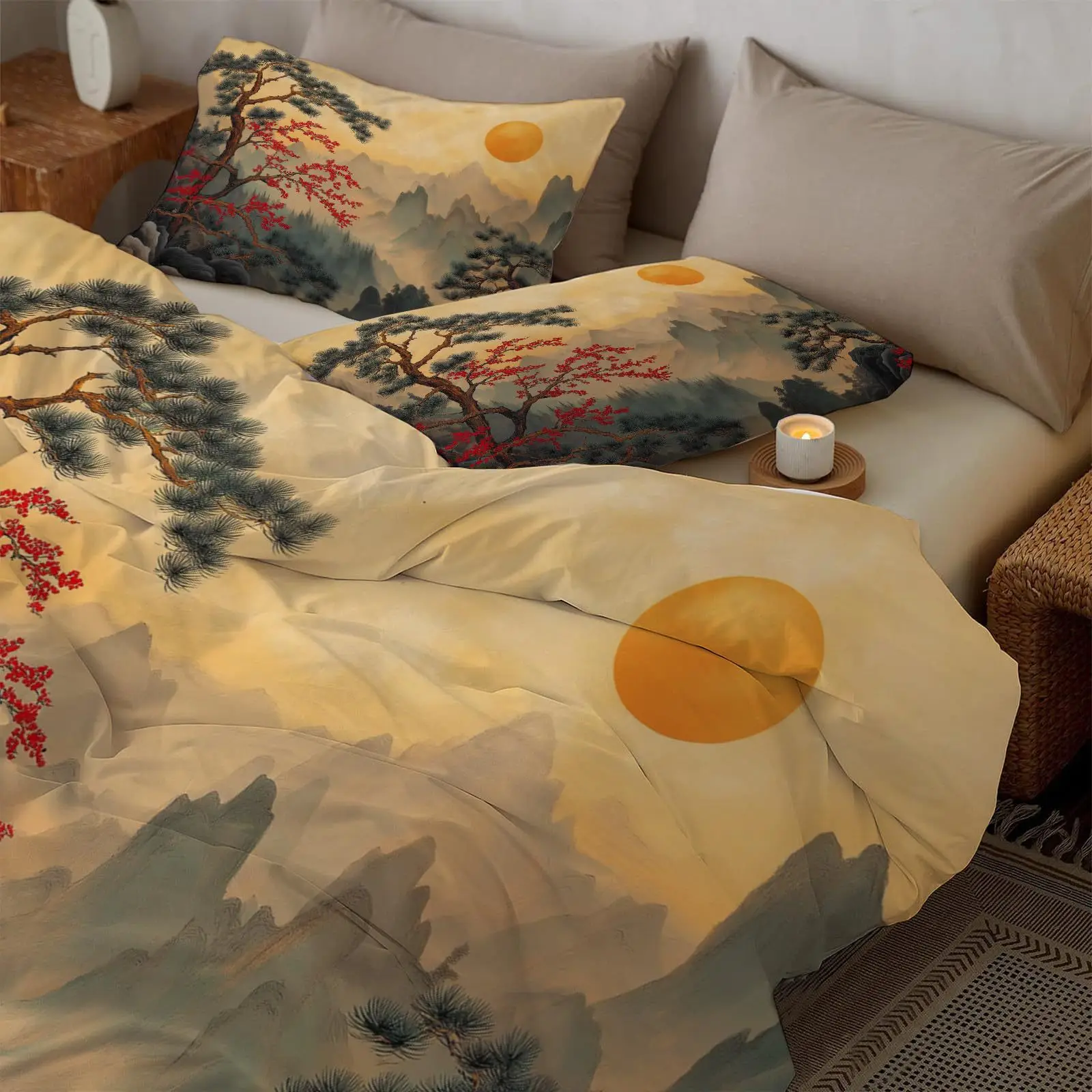 Japanese Style Waves Queen Duvet Cover Set Ocean Coastal Theme Comforter Covers With Zipper, Bedding Set For Kids Teens Adults