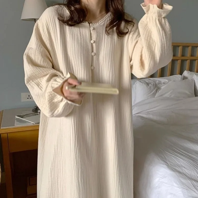 

Spring Korean Version Cotton Nightdress Sweet Long Sleeved Nightdress Round Neck Solid Color Home Dress Lace Ruffled Pyjamas