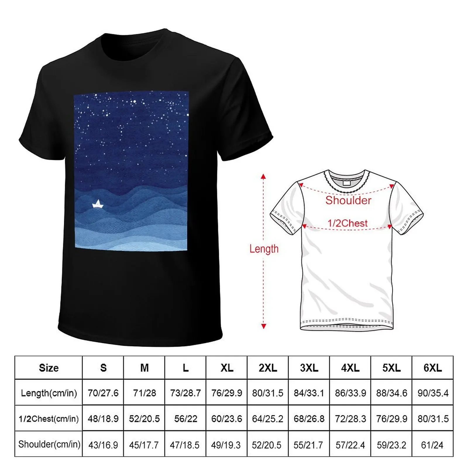 blue ocean waves, sailboat ocean stars T-Shirt Basic Solid Color Casual Tee Shirt