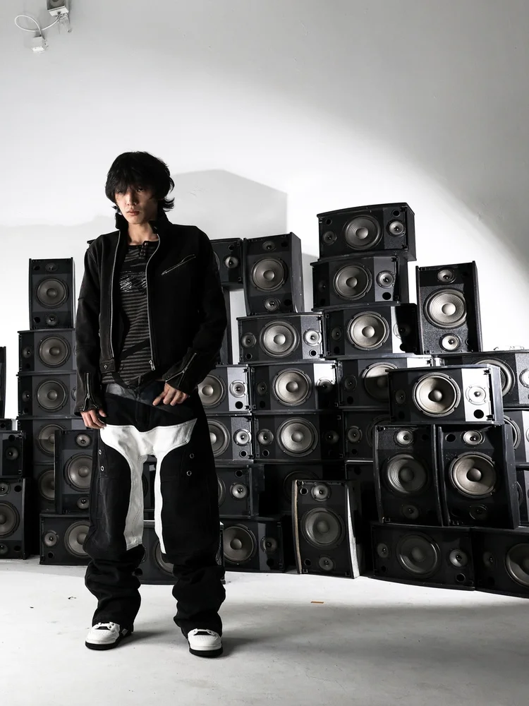 

PCCVISION AN0N 333 Motorcycle Racing Straight Leg Jeans Patchwork Washed Vintage Black Riding Style Cotton Casual Trousers