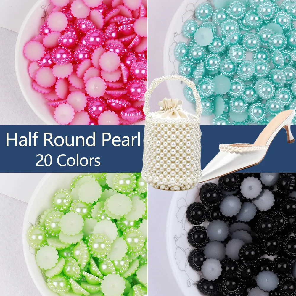 

High Quality 50Pcs/lot 10mm 12mm Imitation Pearls Half Round Flatback Flower Beads Wedding Cards Embellishments DIY Decoration