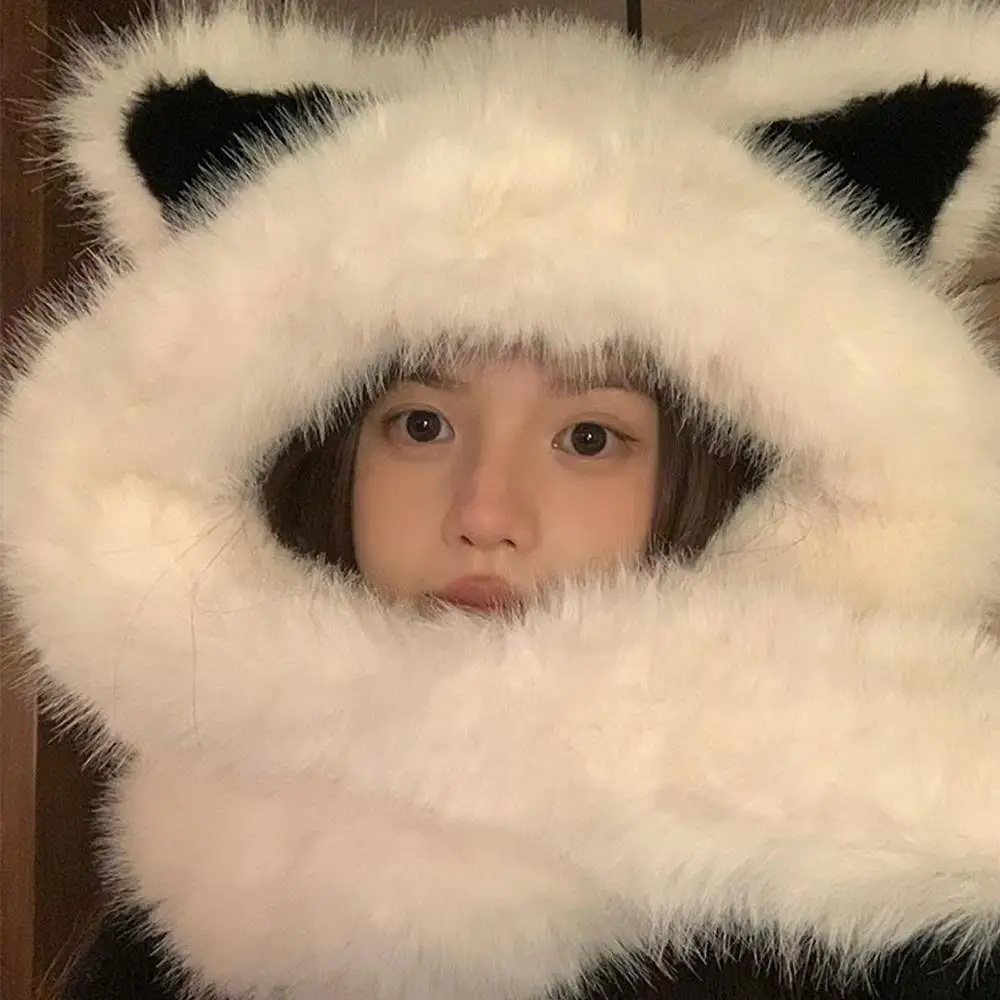 

Plush Integrated Cap Neck Warmer Hooded Scarf Cute Fox Ear Fluffy Hat Scarf Plush Winter Hats Balaclava Hats Protection Ear Hat