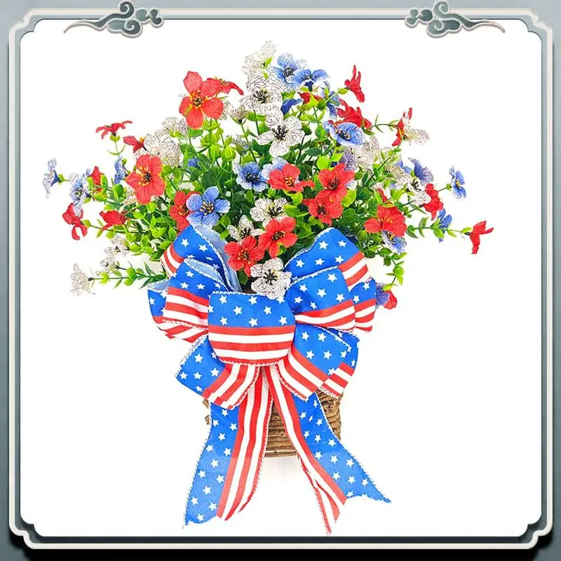 Decoración duradera de cesta de flores del día patriótico para el día de la independencia de la puerta delantera 4 de julio para interior exterior rojo blanco azul Dur