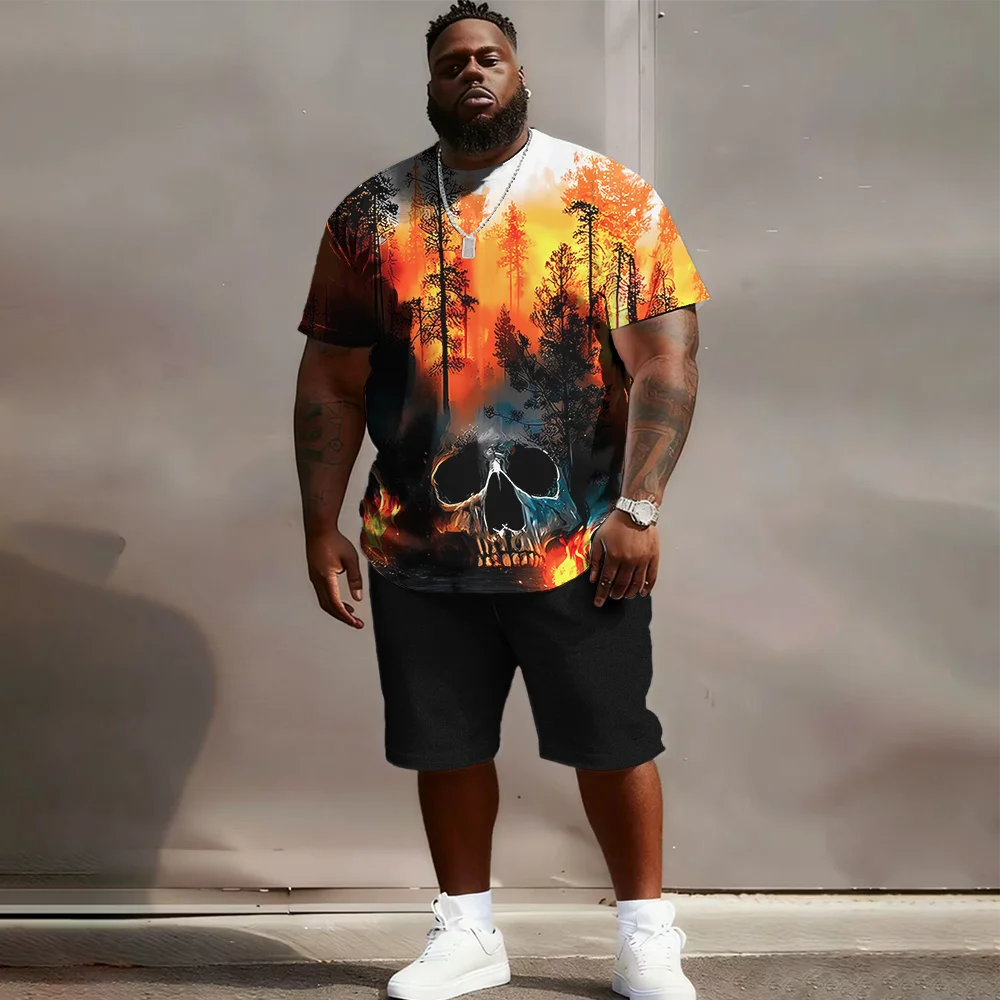 

S-9xl plus size Men's Short Sleeve Set: Skull-Edge Vibe - 2-Piece Big & Tall Fit, Soft Fabric, Sleek Distressed Skulls